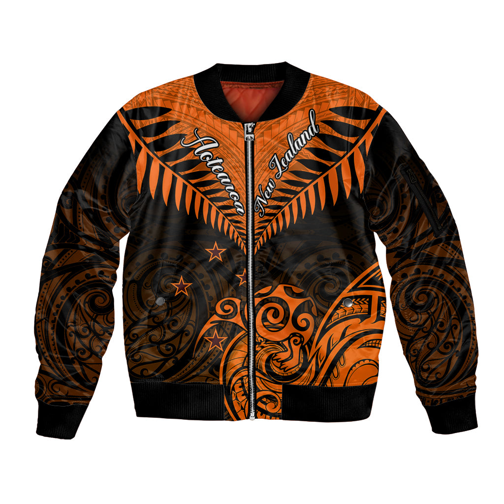 Personalised New Zealand Sleeve Zip Bomber Jacket Aotearoa Maori Kiwi Orange Fern LT01 Unisex Orange - Polynesian Pride