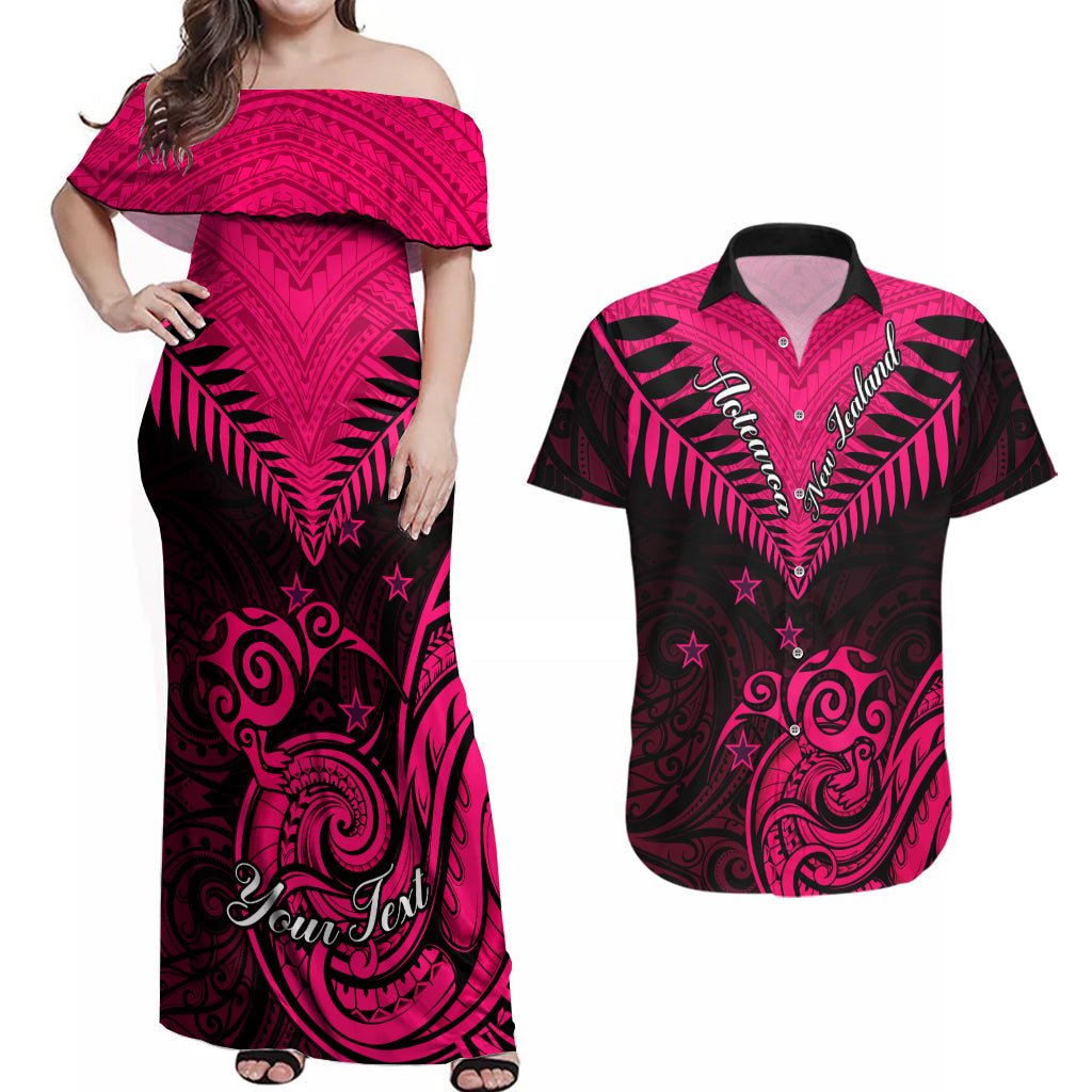 Personalised Aotearoa Couples Matching Off Shoulder Maxi Dress and Hawaiian Shirt Maori Kiwi Pink Fern LT01 Pink - Polynesian Pride