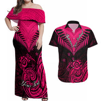 Personalised Aotearoa Couples Matching Off Shoulder Maxi Dress and Hawaiian Shirt Maori Kiwi Pink Fern LT01 Pink - Polynesian Pride