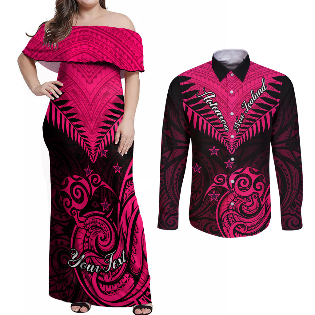 Personalised Aotearoa Couples Matching Off Shoulder Maxi Dress and Long Sleeve Button Shirts Maori Kiwi Pink Fern LT01 Pink - Polynesian Pride