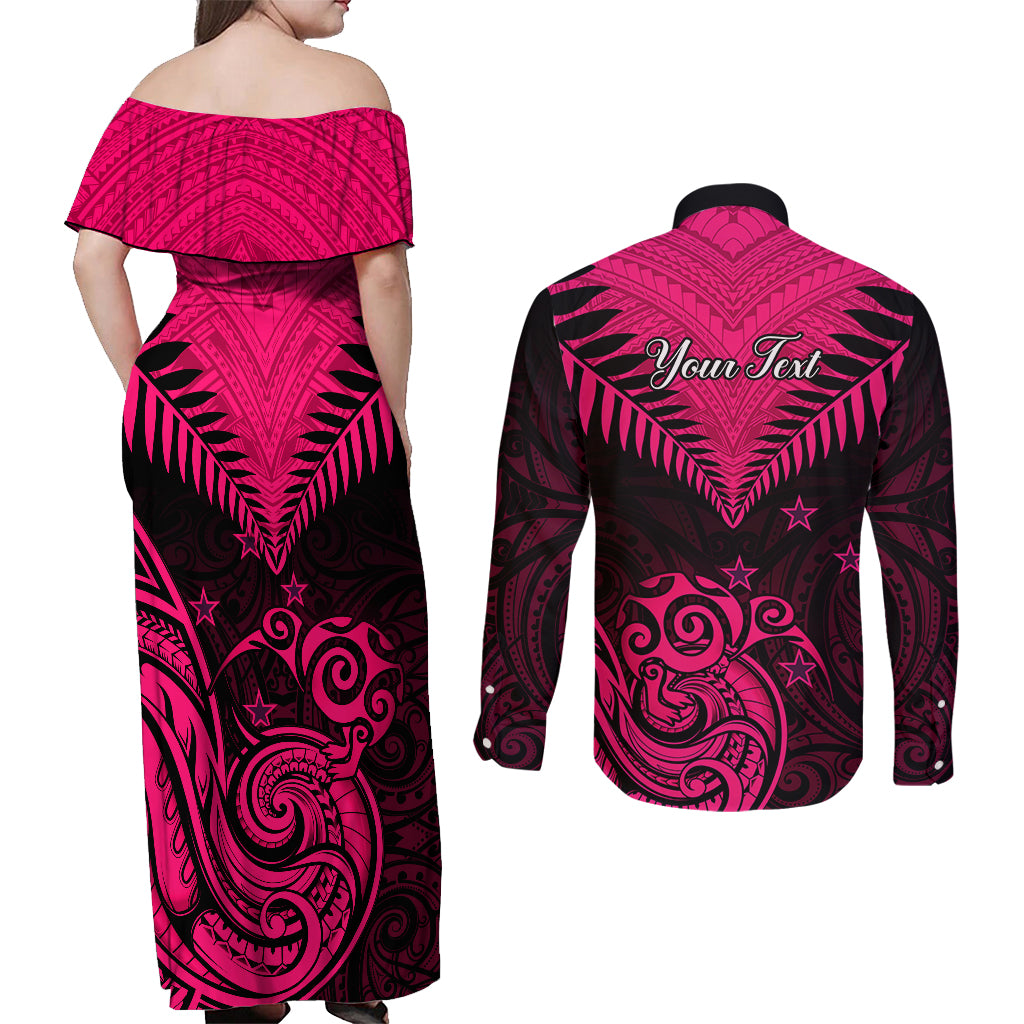 Personalised Aotearoa Couples Matching Off Shoulder Maxi Dress and Long Sleeve Button Shirts Maori Kiwi Pink Fern LT01 - Polynesian Pride