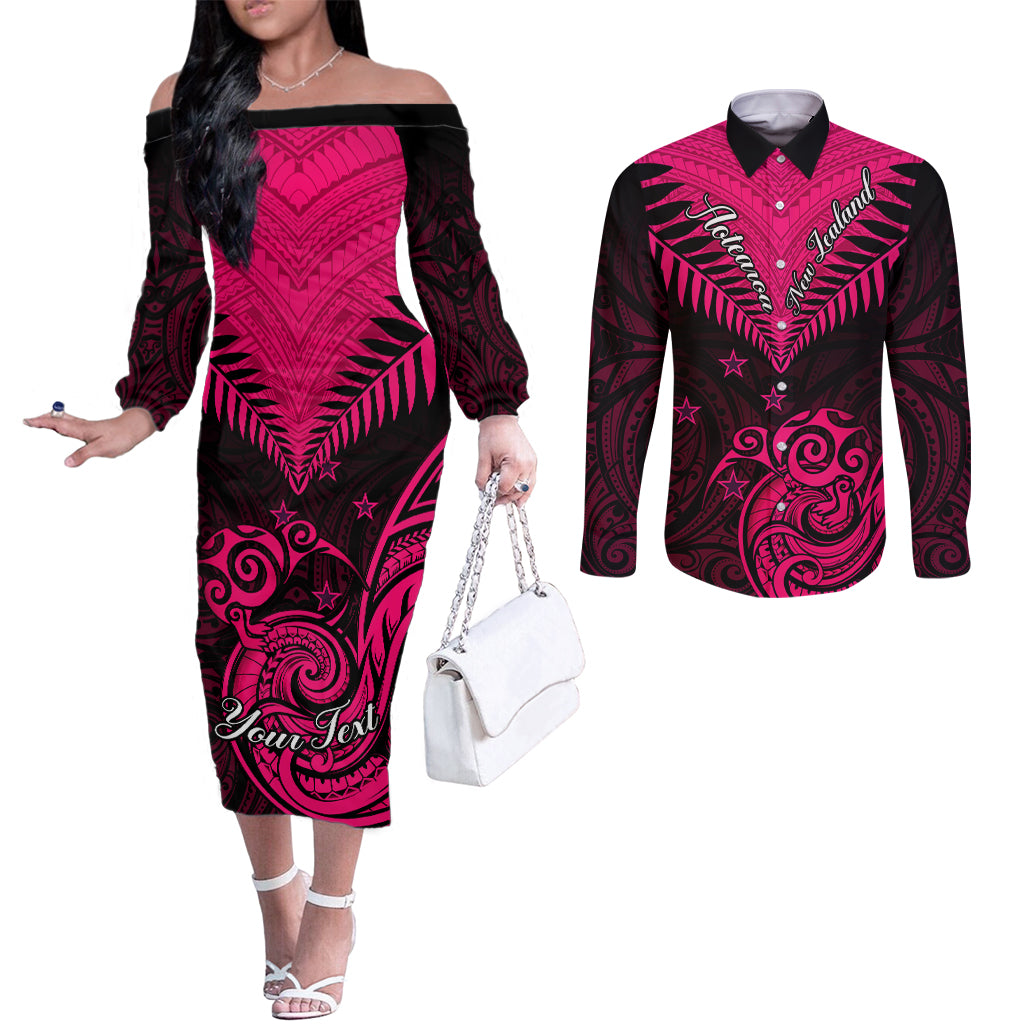 Personalised Aotearoa Couples Matching Off The Shoulder Long Sleeve Dress and Long Sleeve Button Shirts Maori Kiwi Pink Fern LT01 Pink - Polynesian Pride