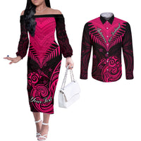 Personalised Aotearoa Couples Matching Off The Shoulder Long Sleeve Dress and Long Sleeve Button Shirts Maori Kiwi Pink Fern LT01 Pink - Polynesian Pride