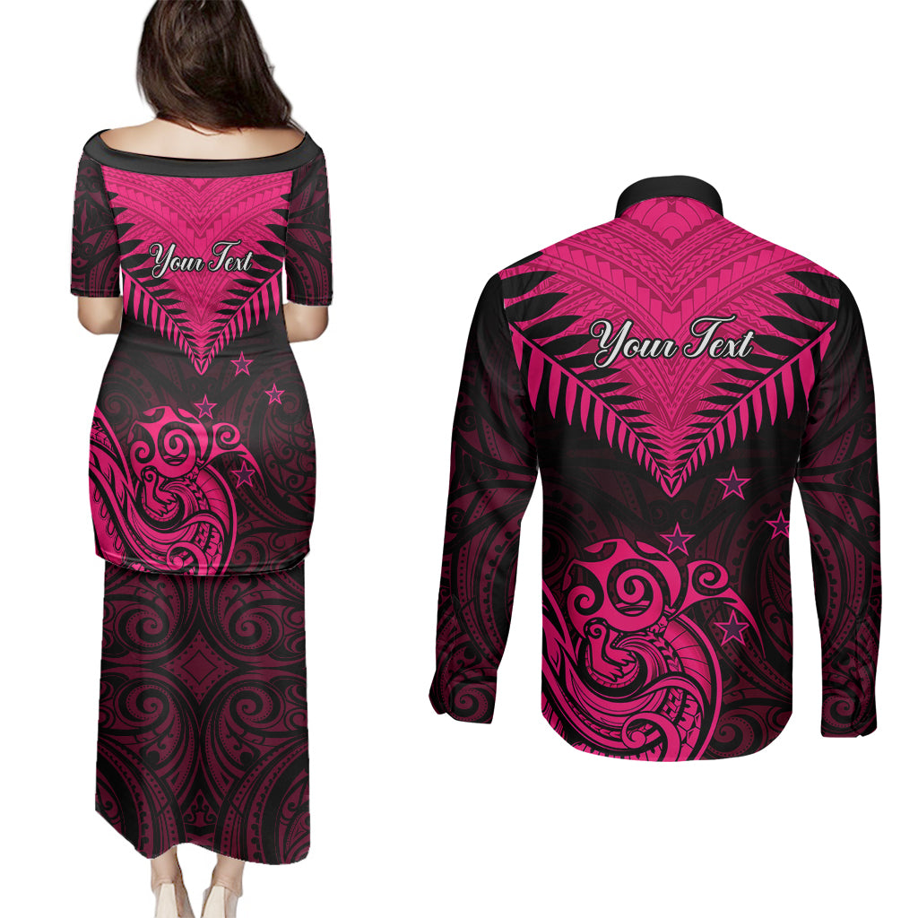 Personalised Aotearoa Couples Matching Puletasi Dress and Long Sleeve Button Shirts Maori Kiwi Pink Fern LT01 - Polynesian Pride
