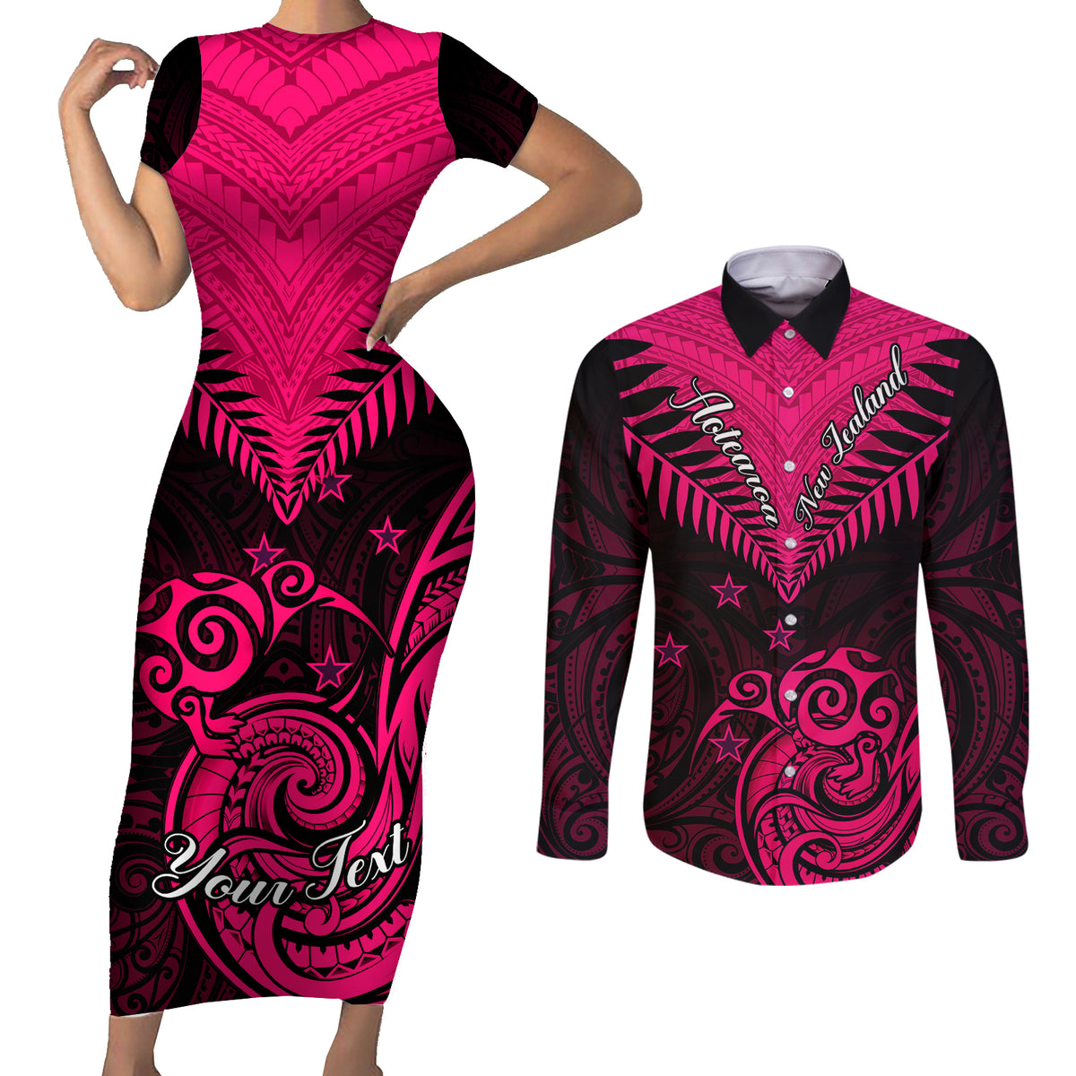 Personalised Aotearoa Couples Matching Short Sleeve Bodycon Dress and Long Sleeve Button Shirts Maori Kiwi Pink Fern LT01 Pink - Polynesian Pride