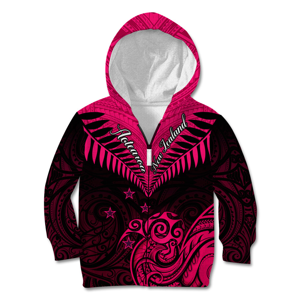 Personalised Aotearoa Kid Hoodie Maori Kiwi Pink Fern LT01 Zip Hoodie Pink - Polynesian Pride