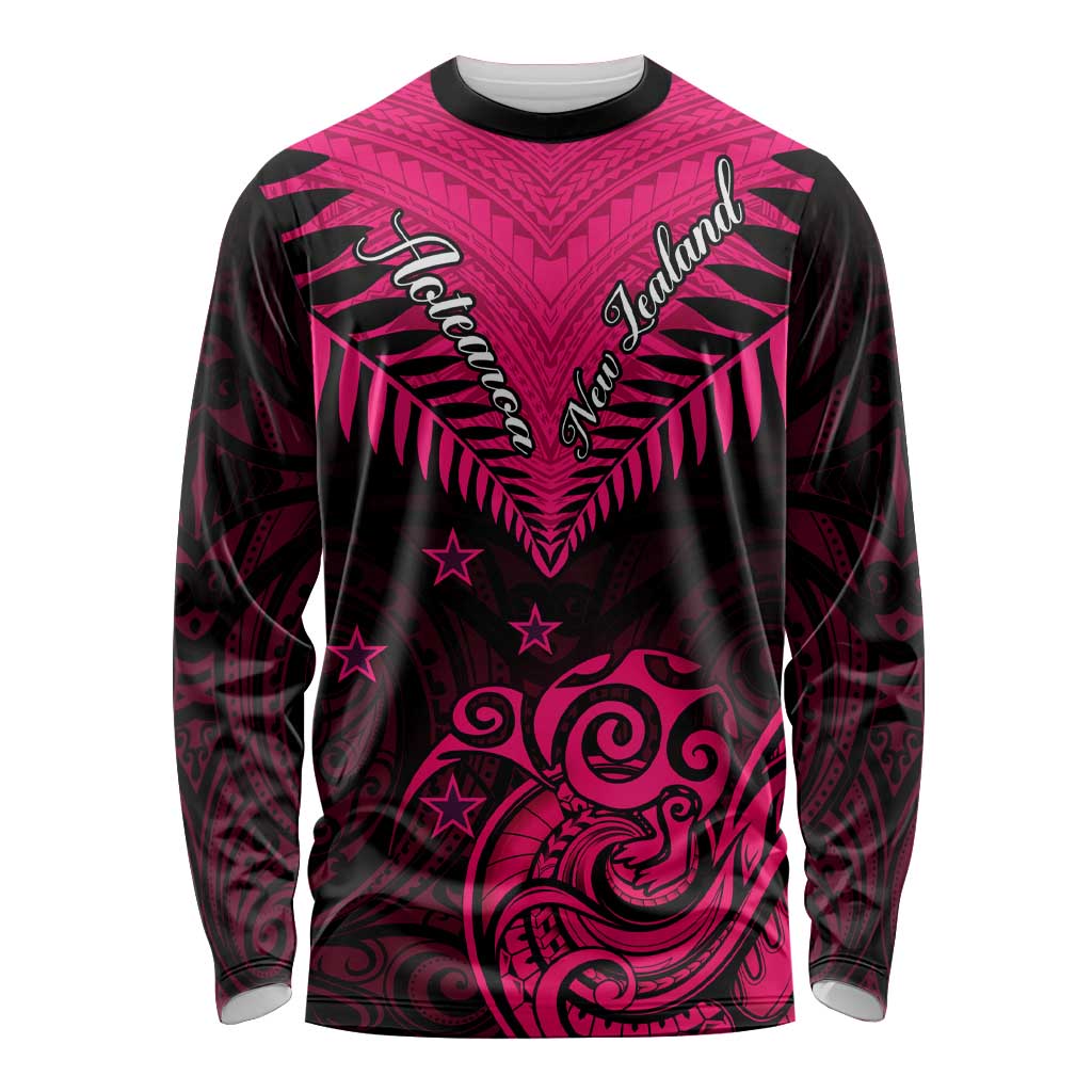 Personalised Aotearoa Long Sleeve Shirt Maori Kiwi Pink Fern LT01