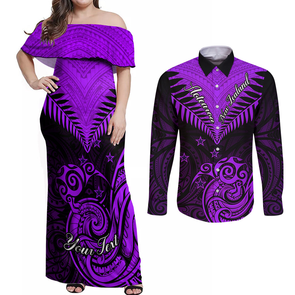 Personalised Aotearoa Couples Matching Off Shoulder Maxi Dress and Long Sleeve Button Shirts Maori Kiwi Purple Fern LT01 Purple - Polynesian Pride