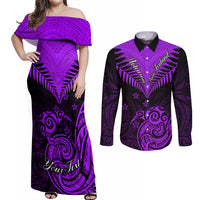 Personalised Aotearoa Couples Matching Off Shoulder Maxi Dress and Long Sleeve Button Shirts Maori Kiwi Purple Fern LT01 Purple - Polynesian Pride