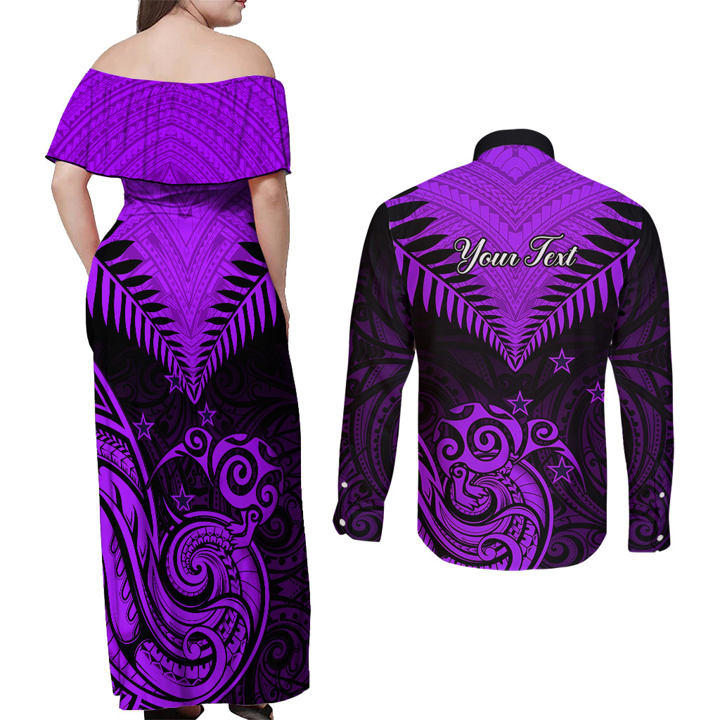 Personalised Aotearoa Couples Matching Off Shoulder Maxi Dress and Long Sleeve Button Shirts Maori Kiwi Purple Fern LT01 - Polynesian Pride
