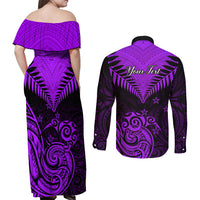 Personalised Aotearoa Couples Matching Off Shoulder Maxi Dress and Long Sleeve Button Shirts Maori Kiwi Purple Fern LT01 - Polynesian Pride