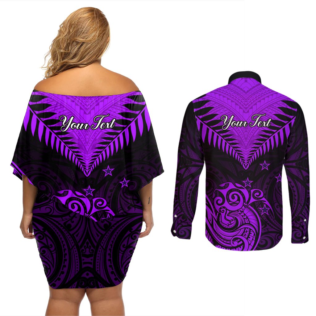 Personalised Aotearoa Couples Matching Off Shoulder Short Dress and Long Sleeve Button Shirts Maori Kiwi Purple Fern LT01 - Polynesian Pride