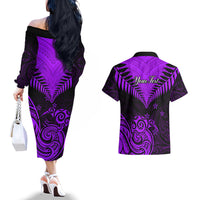 Personalised Aotearoa Couples Matching Off The Shoulder Long Sleeve Dress and Hawaiian Shirt Maori Kiwi Purple Fern LT01 - Polynesian Pride
