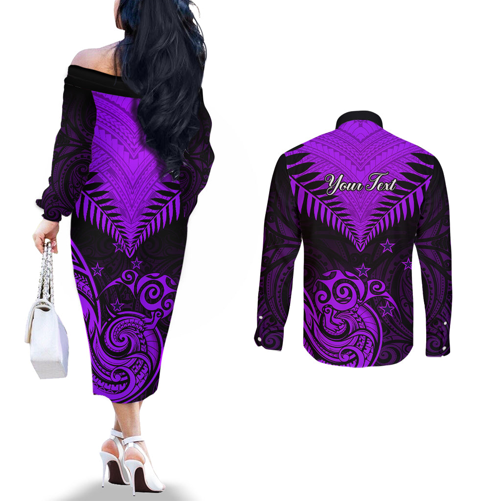 Personalised Aotearoa Couples Matching Off The Shoulder Long Sleeve Dress and Long Sleeve Button Shirts Maori Kiwi Purple Fern LT01 - Polynesian Pride