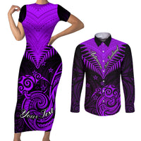 Personalised Aotearoa Couples Matching Short Sleeve Bodycon Dress and Long Sleeve Button Shirts Maori Kiwi Purple Fern LT01 Purple - Polynesian Pride