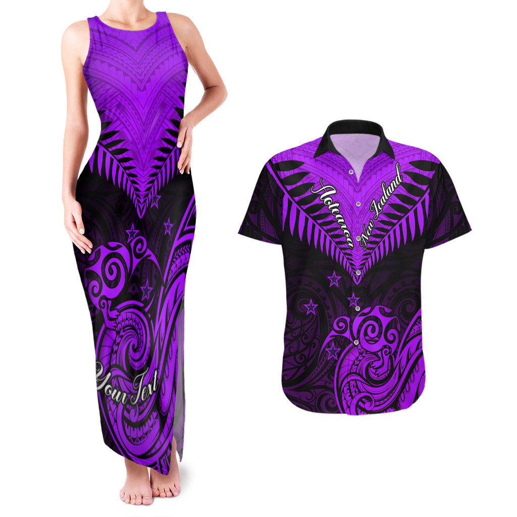 Personalised Aotearoa Couples Matching Tank Maxi Dress And Hawaiian Shirt Maori Kiwi Purple Fern LT01 Purple - Polynesian Pride
