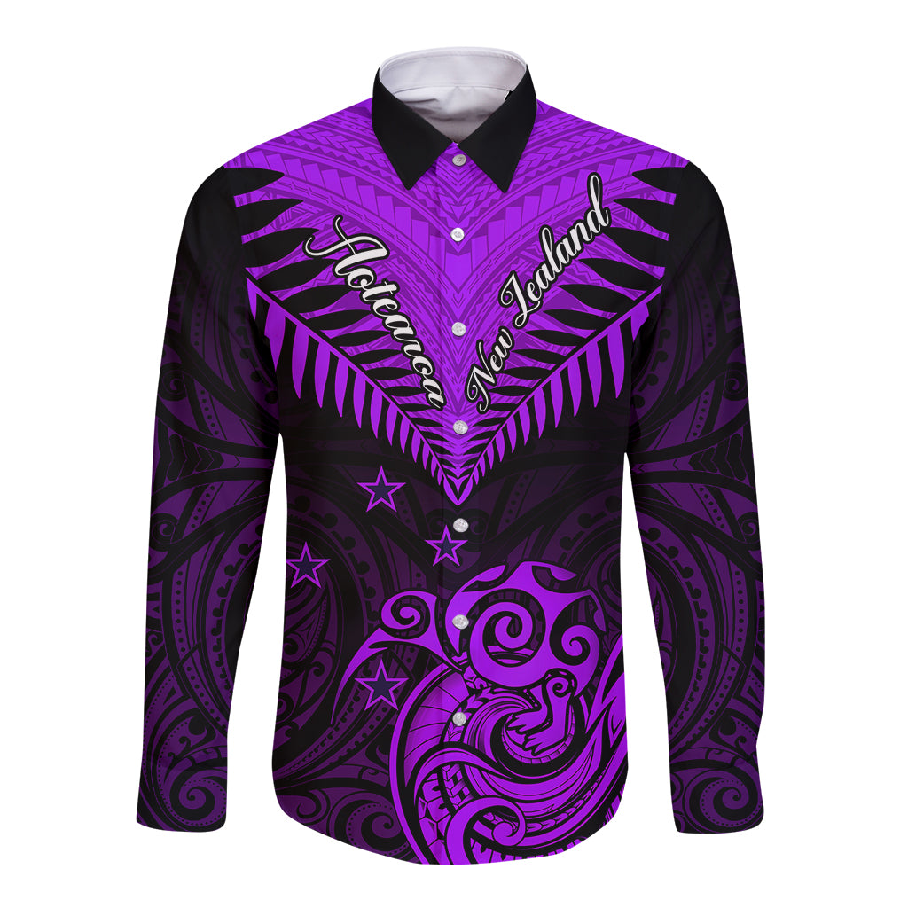 Personalised Aotearoa Long Sleeve Button Shirt Maori Kiwi Purple Fern LT01 Unisex Purple - Polynesian Pride
