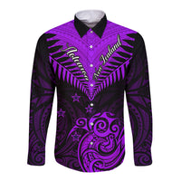 Personalised Aotearoa Long Sleeve Button Shirt Maori Kiwi Purple Fern LT01 Unisex Purple - Polynesian Pride