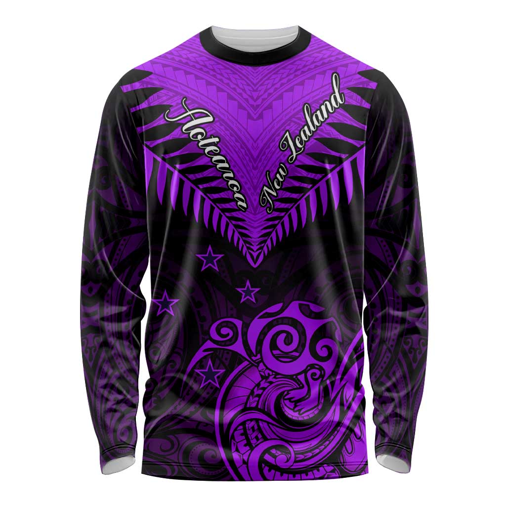Personalised Aotearoa Long Sleeve Shirt Maori Kiwi Purple Fern LT01
