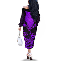 Personalised Aotearoa Off The Shoulder Long Sleeve Dress Maori Kiwi Purple Fern LT01 - Polynesian Pride