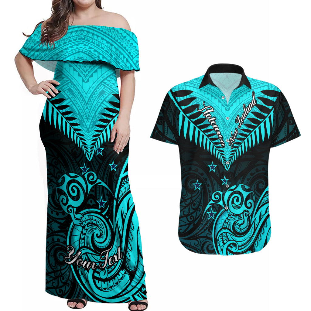 Personalised Aotearoa Couples Matching Off Shoulder Maxi Dress and Hawaiian Shirt Maori Kiwi Turquoise Fern LT01 Turquoise - Polynesian Pride
