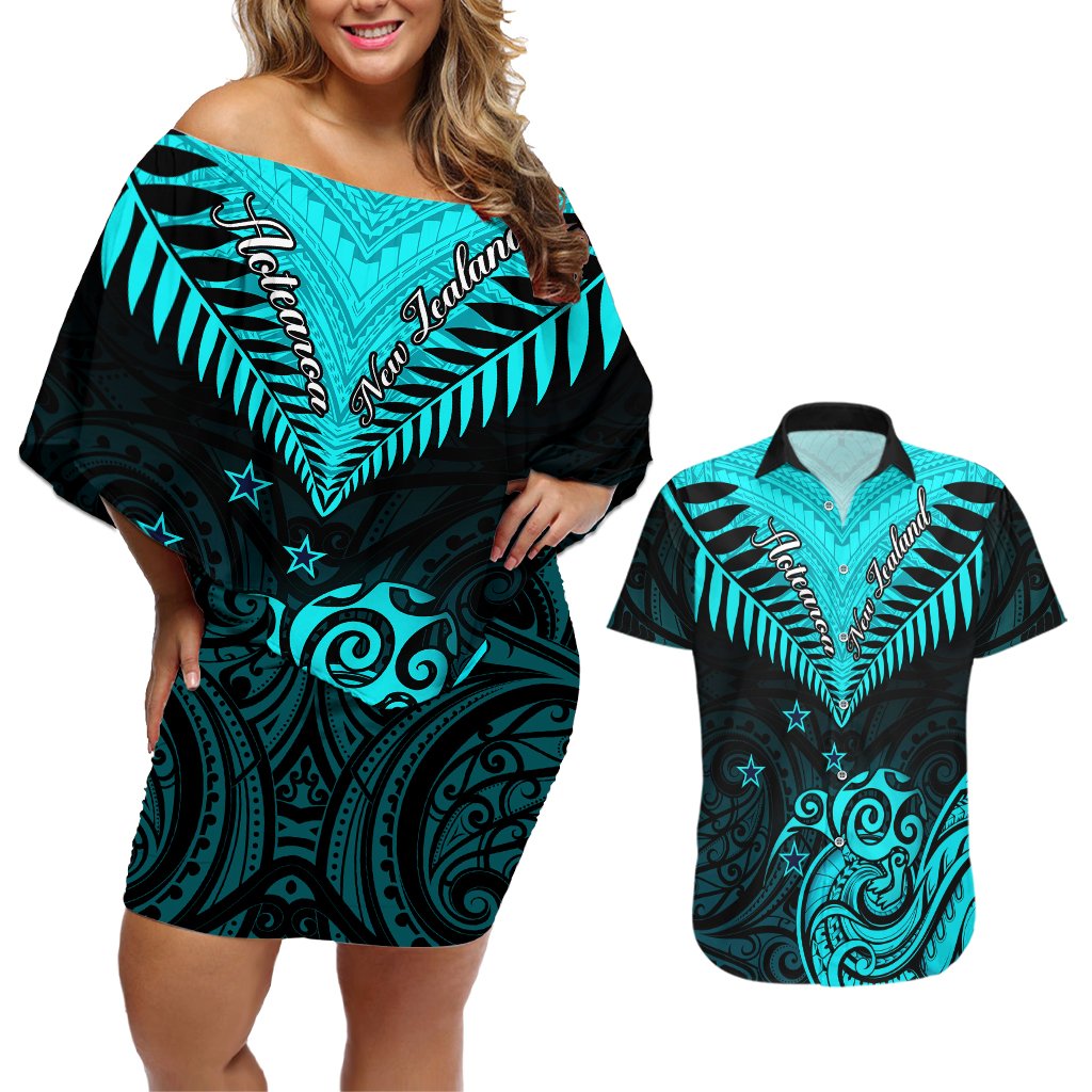 Personalised Aotearoa Couples Matching Off Shoulder Short Dress and Hawaiian Shirt Maori Kiwi Turquoise Fern LT01 Turquoise - Polynesian Pride