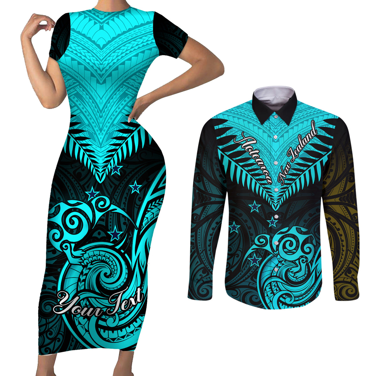 Personalised Aotearoa Couples Matching Short Sleeve Bodycon Dress and Long Sleeve Button Shirts Maori Kiwi Turquoise Fern LT01 Turquoise - Polynesian Pride