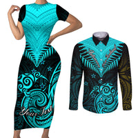 Personalised Aotearoa Couples Matching Short Sleeve Bodycon Dress and Long Sleeve Button Shirts Maori Kiwi Turquoise Fern LT01 Turquoise - Polynesian Pride