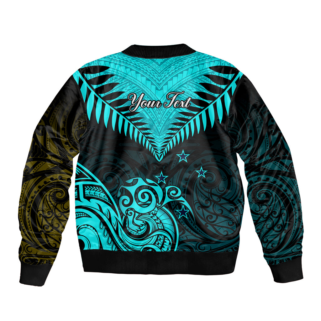 Personalised Aotearoa Sleeve Zip Bomber Jacket Maori Kiwi Turquoise Fern LT01 - Polynesian Pride