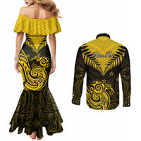 Personalised Aotearoa Couples Matching Mermaid Dress and Long Sleeve Button Shirts Maori Kiwi Yellow Fern LT01 - Polynesian Pride