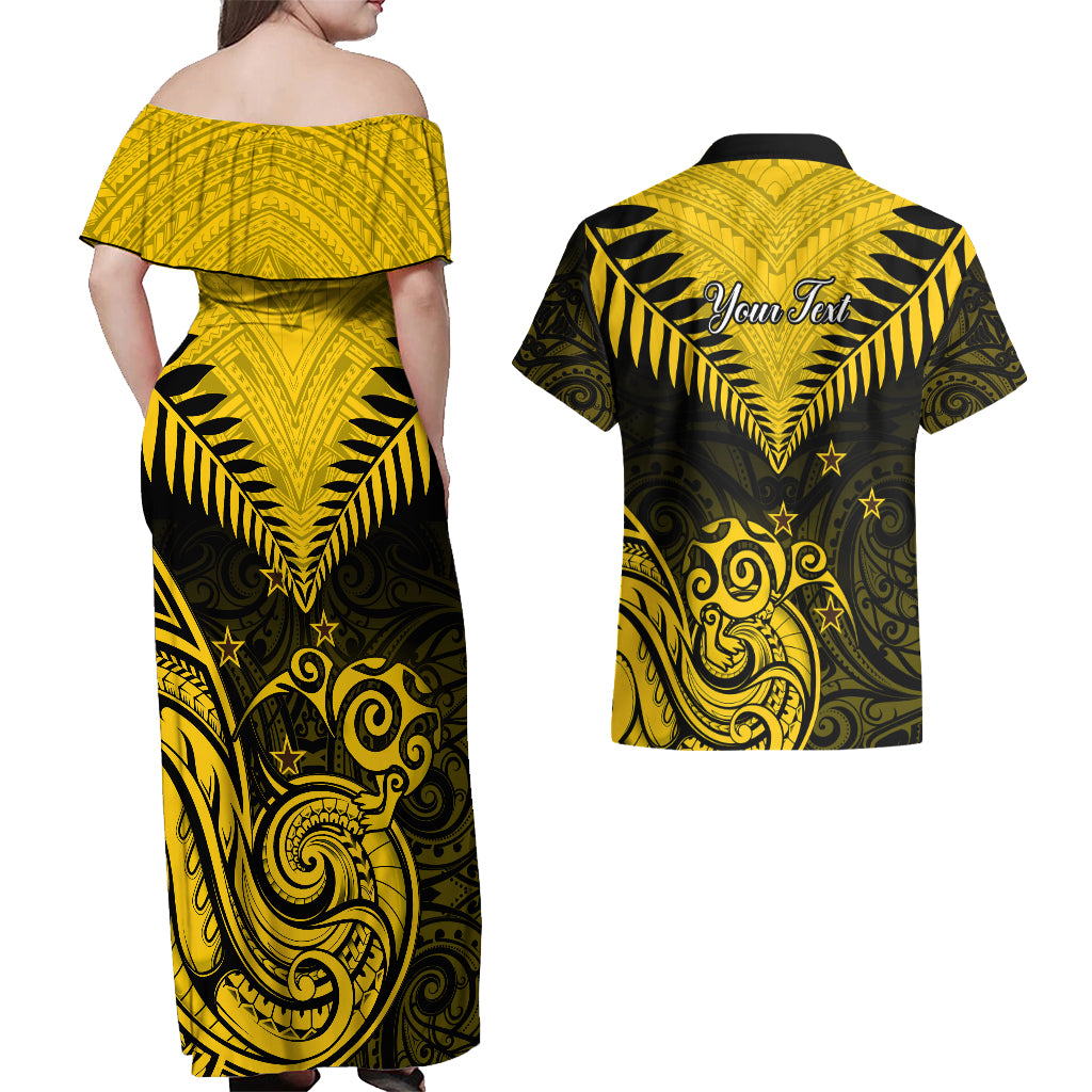 Personalised Aotearoa Couples Matching Off Shoulder Maxi Dress and Hawaiian Shirt Maori Kiwi Yellow Fern LT01 - Polynesian Pride