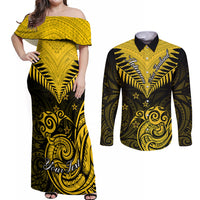 Personalised Aotearoa Couples Matching Off Shoulder Maxi Dress and Long Sleeve Button Shirts Maori Kiwi Yellow Fern LT01 Yellow - Polynesian Pride