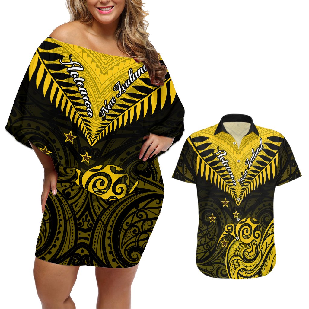 Personalised Aotearoa Couples Matching Off Shoulder Short Dress and Hawaiian Shirt Maori Kiwi Yellow Fern LT01 Yellow - Polynesian Pride
