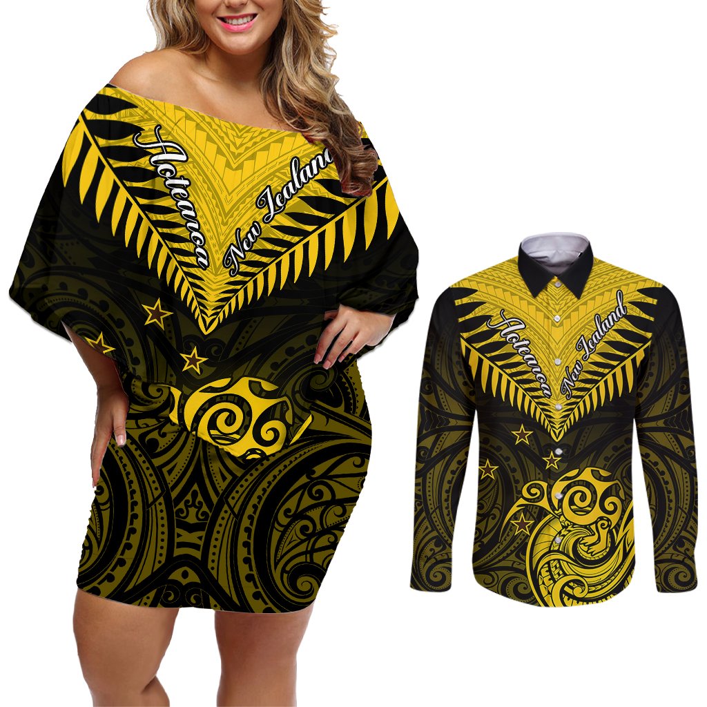 Personalised Aotearoa Couples Matching Off Shoulder Short Dress and Long Sleeve Button Shirts Maori Kiwi Yellow Fern LT01 Yellow - Polynesian Pride