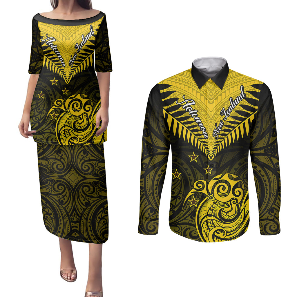 Personalised Aotearoa Couples Matching Puletasi Dress and Long Sleeve Button Shirts Maori Kiwi Yellow Fern LT01 Yellow - Polynesian Pride