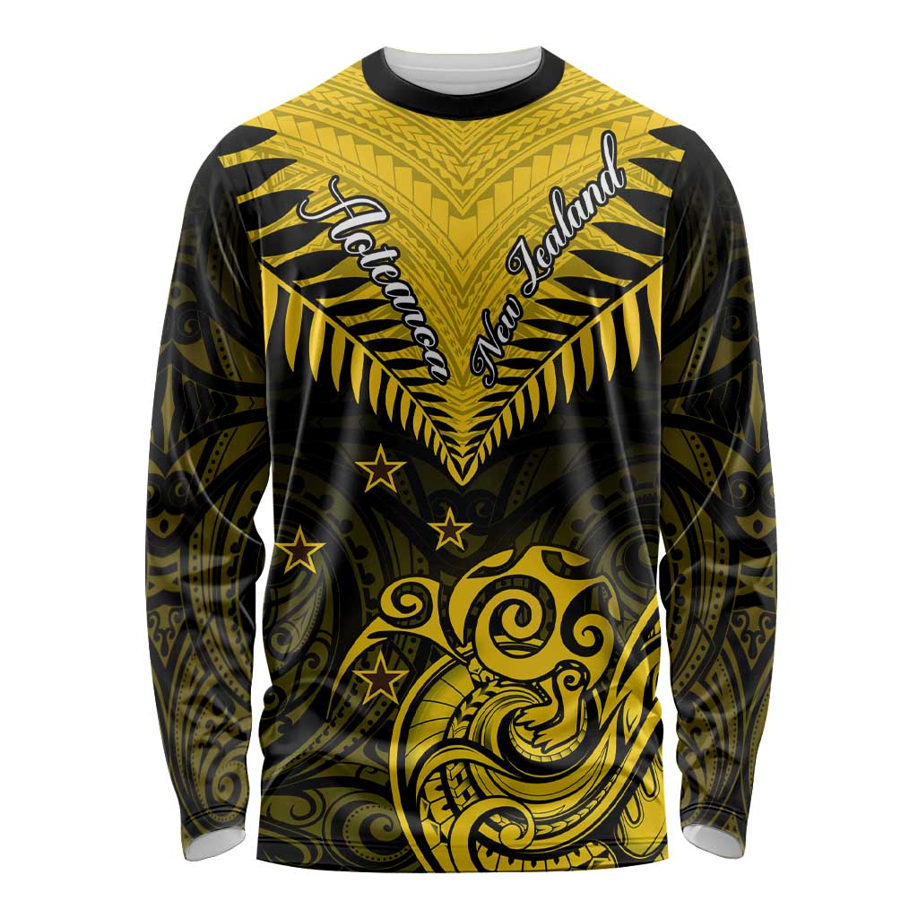 Personalised Aotearoa Long Sleeve Shirt Maori Kiwi Yellow Fern LT01