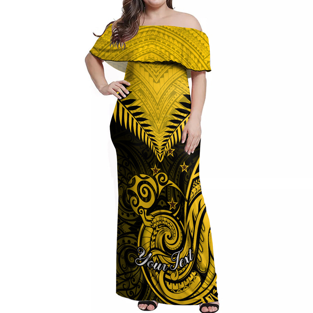 Personalised Aotearoa Off Shoulder Maxi Dress Maori Kiwi Yellow Fern LT01 Women Yellow - Polynesian Pride
