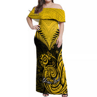 Personalised Aotearoa Off Shoulder Maxi Dress Maori Kiwi Yellow Fern LT01 Women Yellow - Polynesian Pride