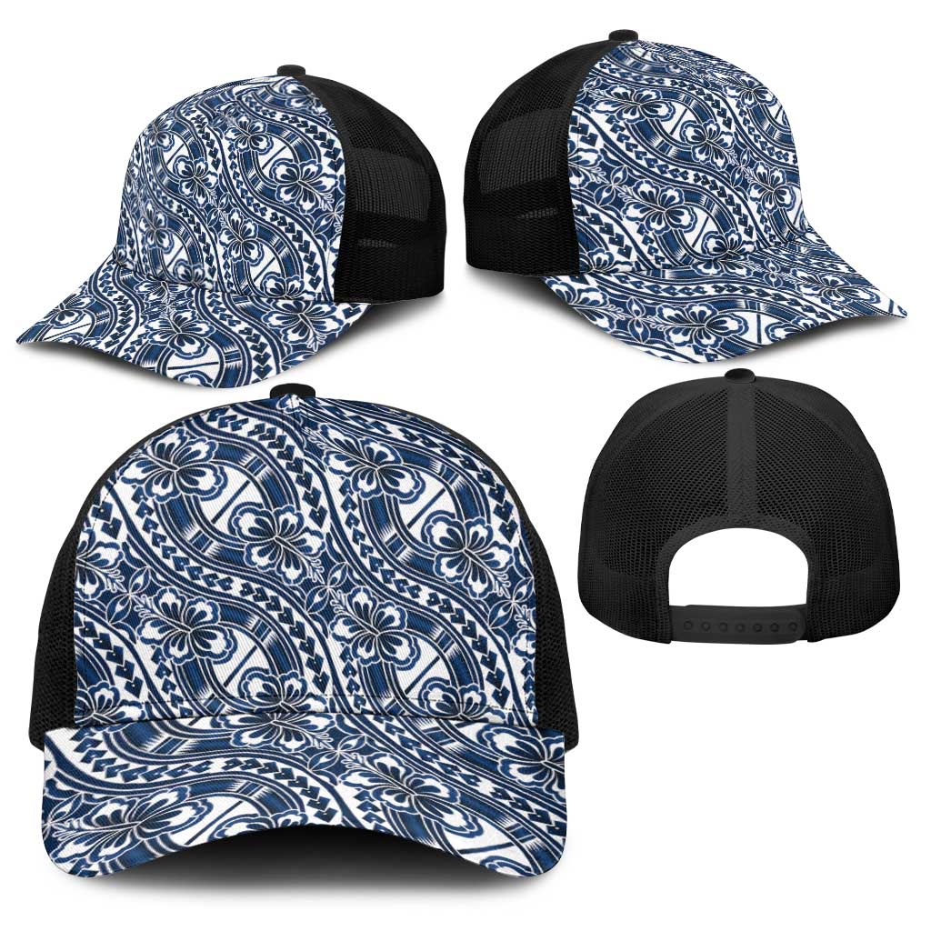 Hibiscus Bloom Island Tribal Waves Baseball Net Cap Blue Polynesian Pattern LT01 - Polynesian Pride