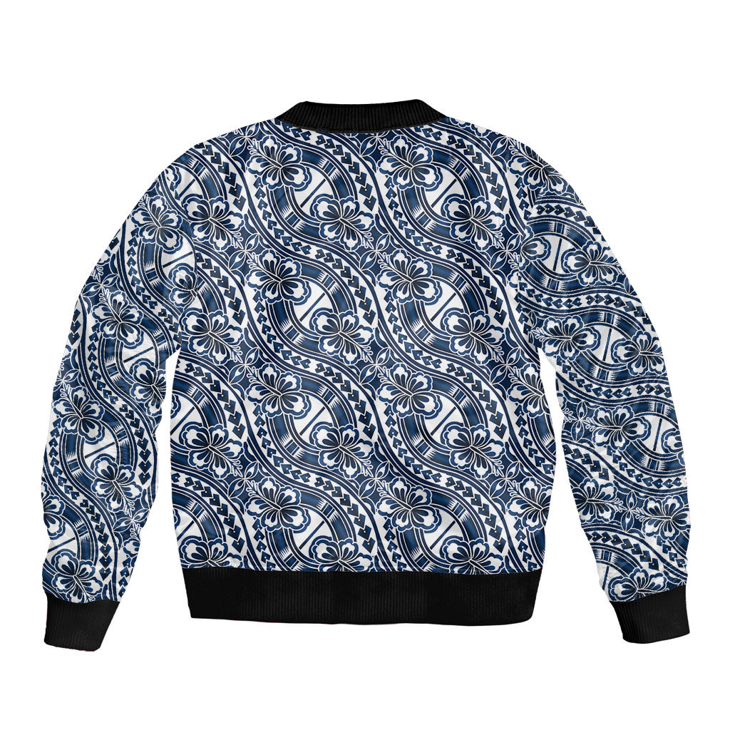 Hibiscus Bloom Island Tribal Waves Bomber Jacket Blue Polynesian Pattern LT01 - Polynesian Pride