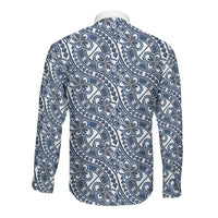 Hibiscus Bloom Island Tribal Waves Long Sleeve Button Shirt Blue Polynesian Pattern LT01 - Polynesian Pride