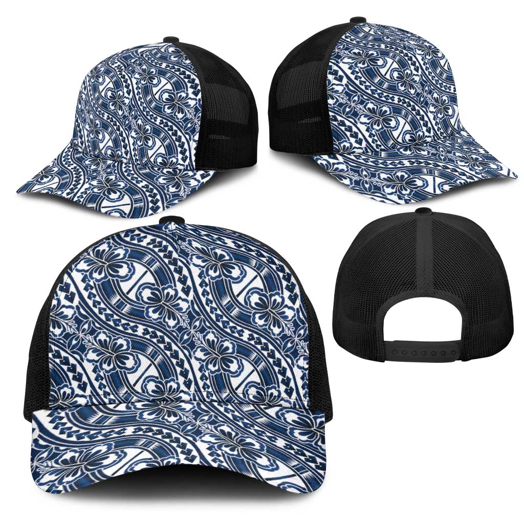 Hibiscus Bloom Island Tribal Waves Mesh Trucker Cap Blue Polynesian Pattern LT01 - Polynesian Pride