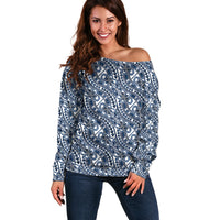 Hibiscus Bloom Island Tribal Waves Off Shoulder Sweater Blue Polynesian Pattern LT01 Women Blue - Polynesian Pride