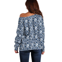 Hibiscus Bloom Island Tribal Waves Off Shoulder Sweater Blue Polynesian Pattern LT01 - Polynesian Pride