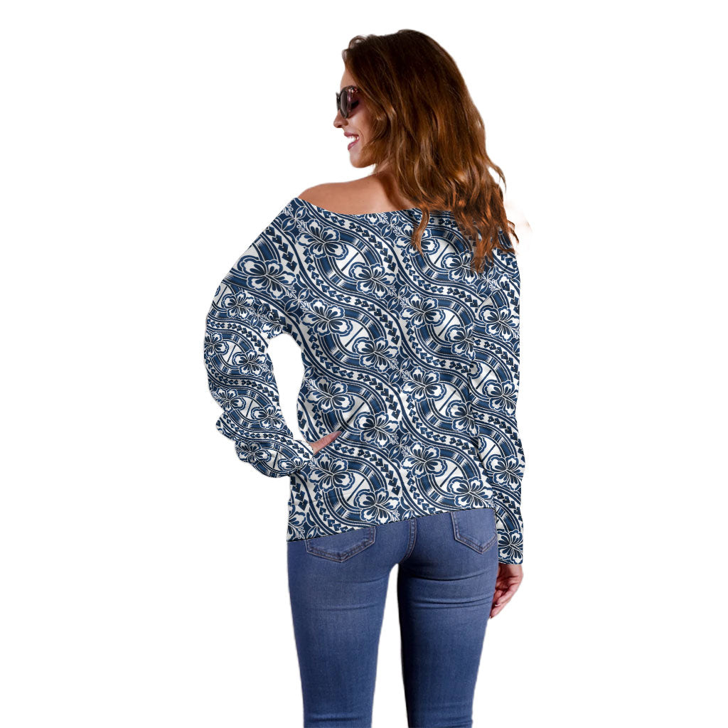 Hibiscus Bloom Island Tribal Waves Off Shoulder Sweater Blue Polynesian Pattern LT01 - Polynesian Pride