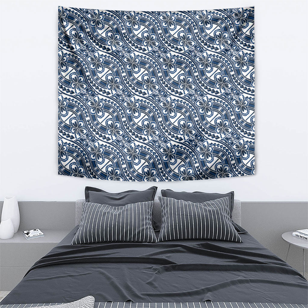Hibiscus Bloom Island Tribal Waves Tapestry Blue Polynesian Pattern LT01 - Polynesian Pride