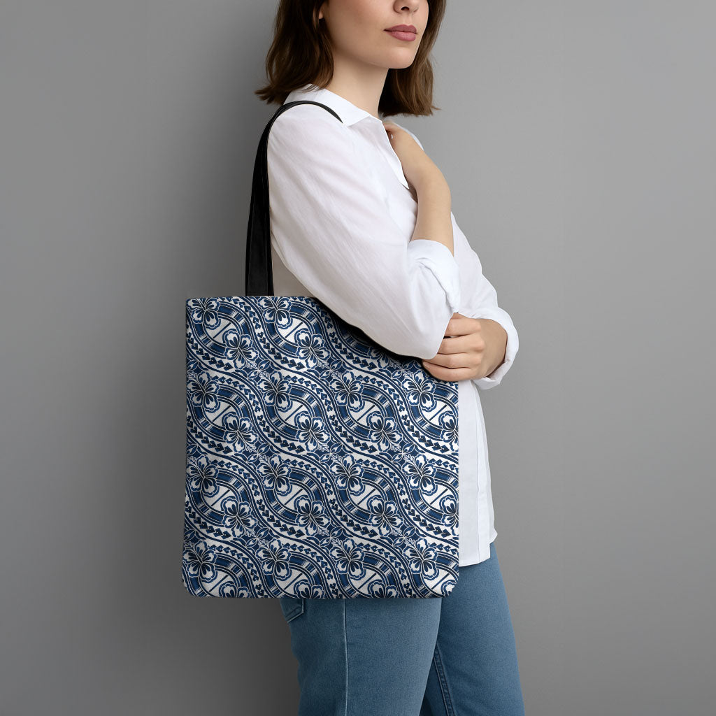 Hibiscus Bloom Island Tribal Waves Tote Bag Blue Polynesian Pattern LT01 - Polynesian Pride