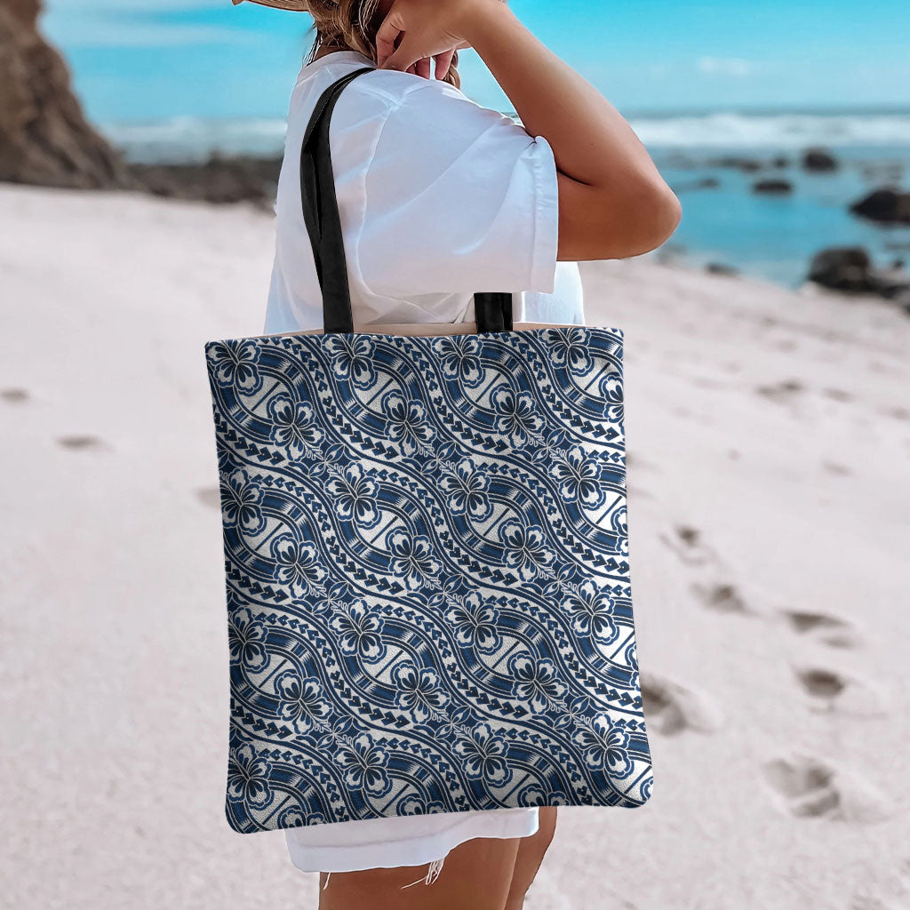 Hibiscus Bloom Island Tribal Waves Tote Bag Blue Polynesian Pattern LT01 - Polynesian Pride