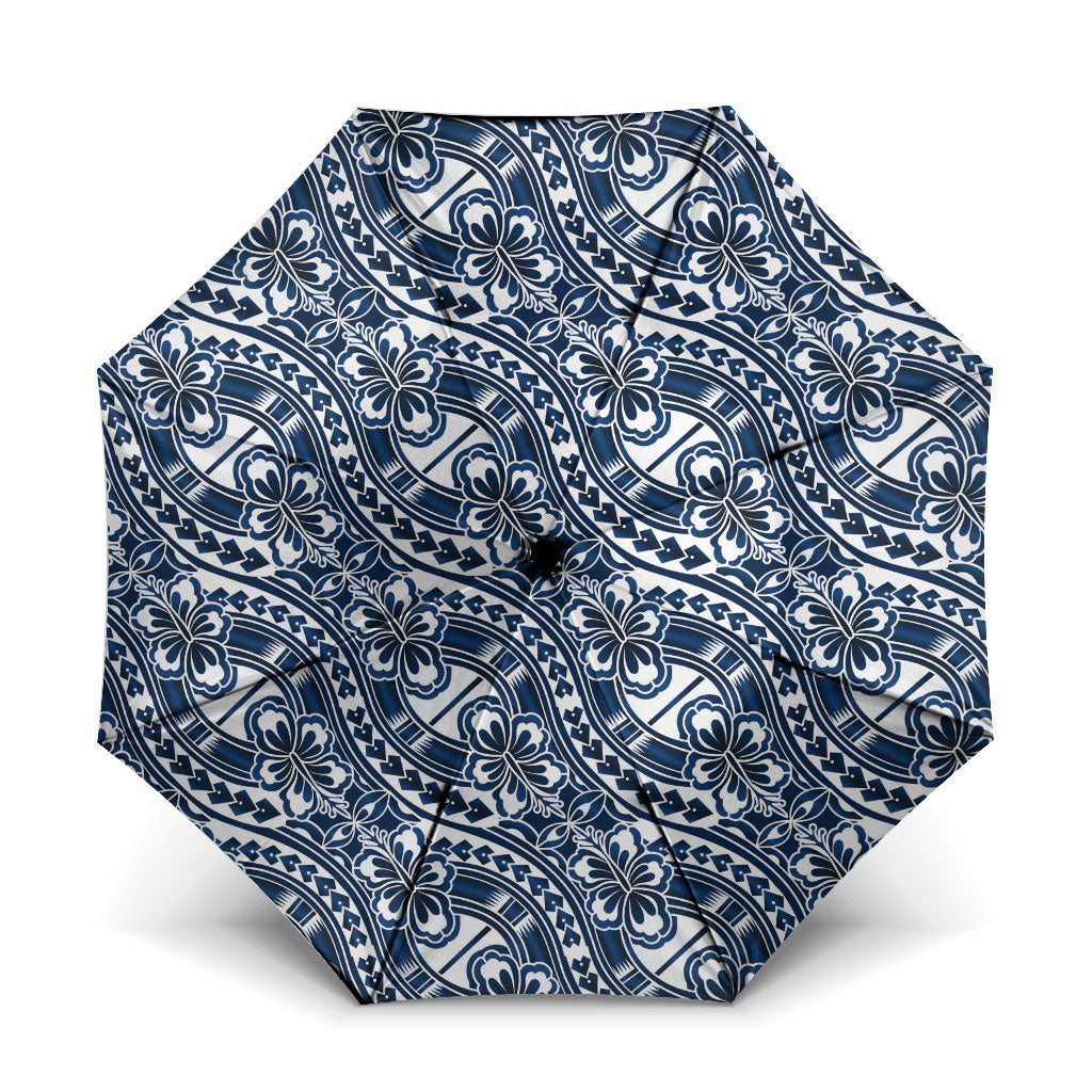 Hibiscus Bloom Island Tribal Waves Umbrella Blue Polynesian Pattern LT01 One Size Folded 11.42 inch Opened Diameter 37.4 inch Blue - Polynesian Pride