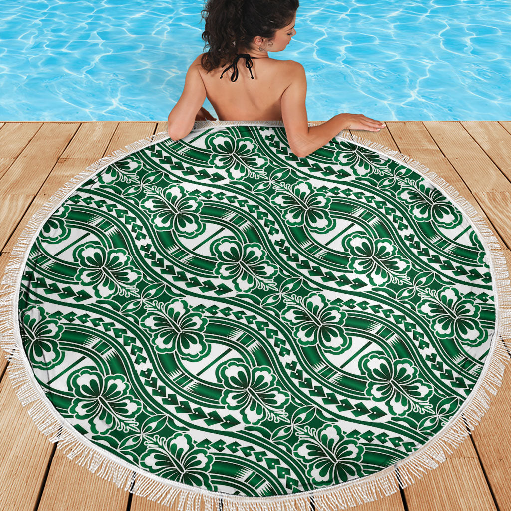 Hibiscus Bloom Island Tribal Waves Beach Blanket Green Polynesian Pattern LT01 - Polynesian Pride